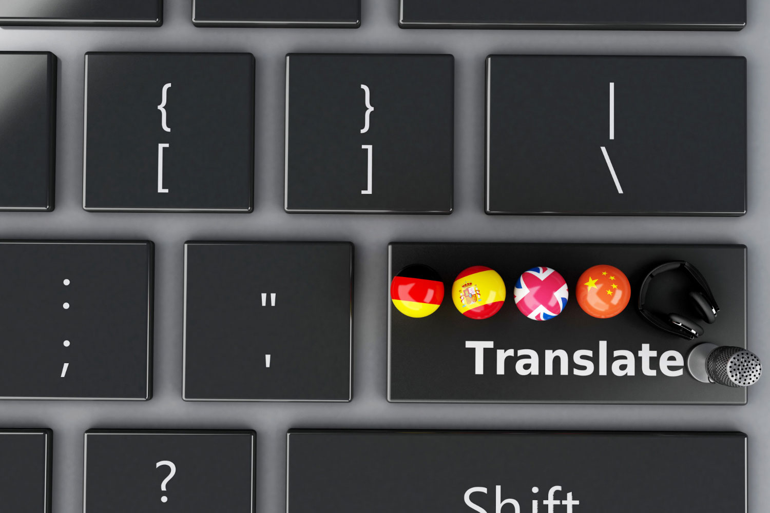 Teclado de computador com botão escrito translate com miniaturas de bandeiras de países, fone e microfone de tradução consecutiva.