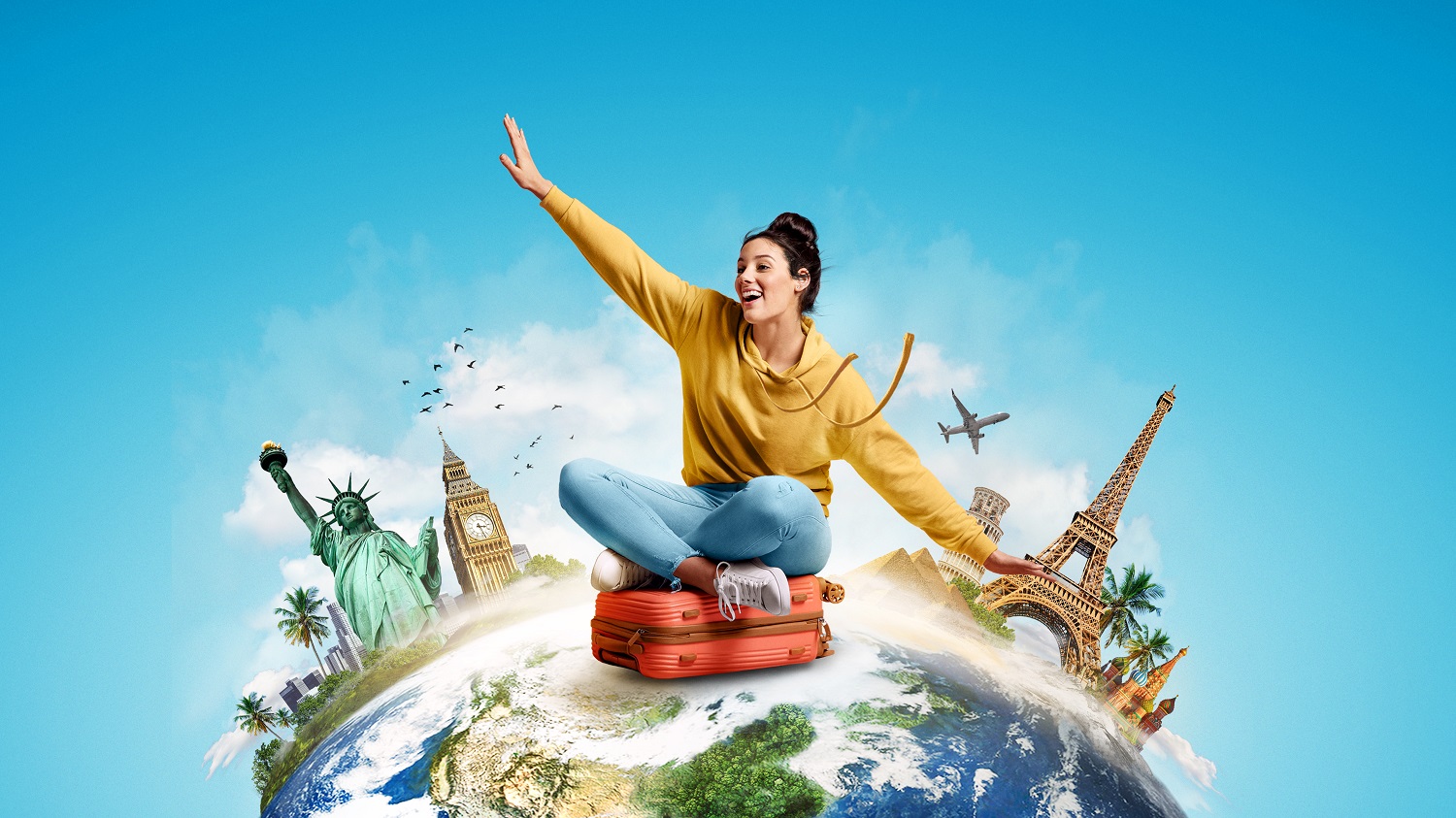 Jovem, que entendeu como fazer intercâmbio, em imagem conceitual com vários pontos turísticos do mundo