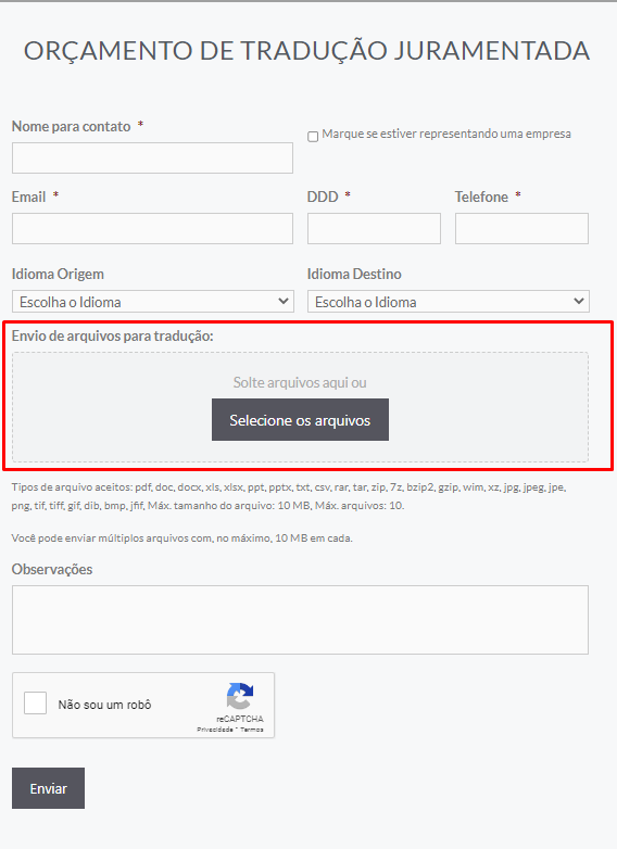 Imagem da página de tradução juramentada com destaque ao formulário de contato 