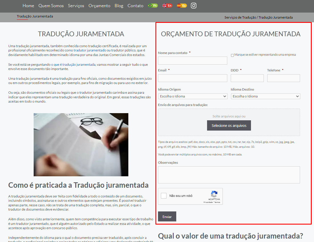 Imagem da página de tradução juramentada Nexus