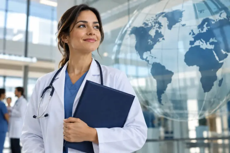 Médica brasileira com diploma, representando a possibilidade de exercer medicina em outros países.