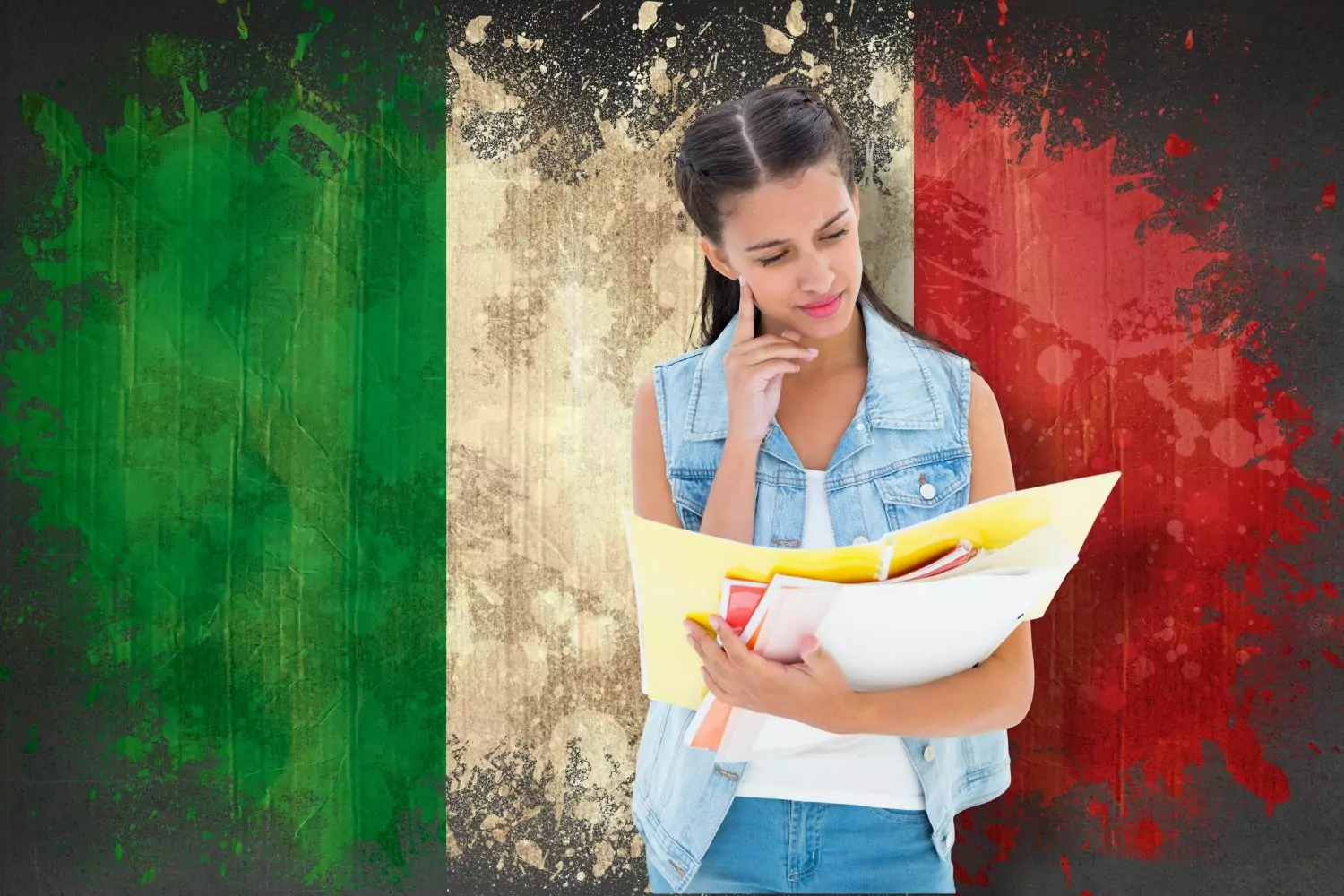 Estudante com bandeira da Itália ao fundo, revendo documentos de tradução juramentada de português para italiano